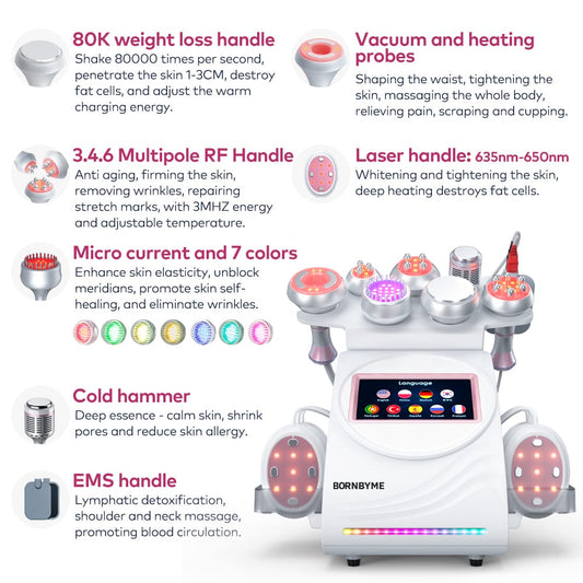 Bornbyme Ultrasonic Cavitation Machine 9 In 1 80K Body Sculpting Cavitation Machine with EMS Therapy
