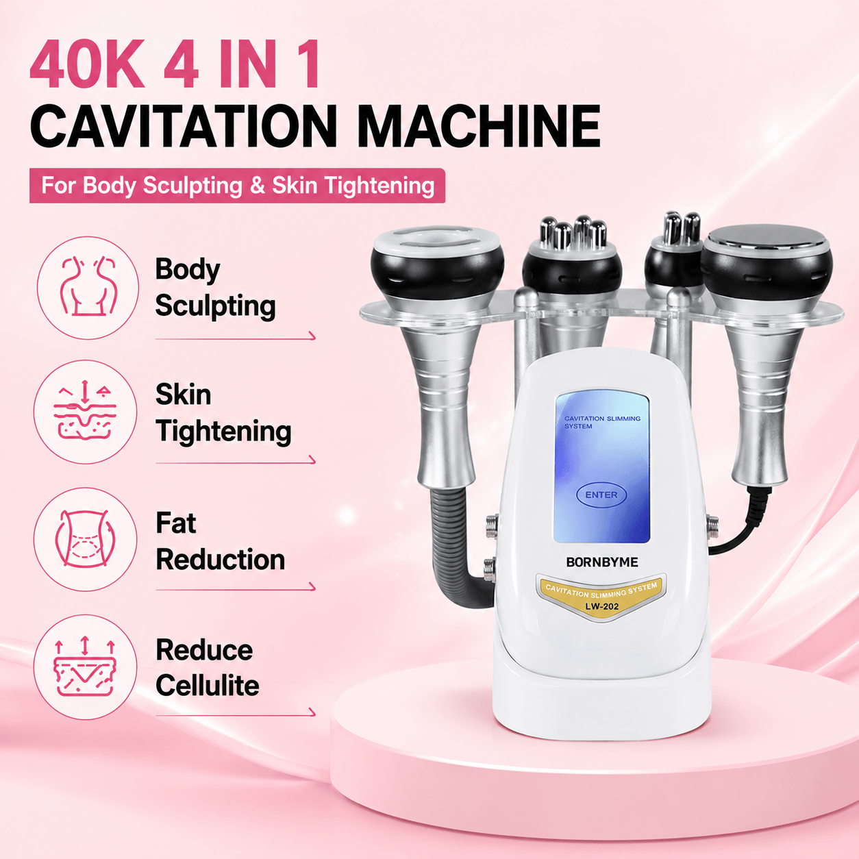 Bornbyme Ultrasonic Cavitation Machine 40K 4 IN 1 Ultrasonic Cavitation Machine for Body Sculpting & Skin Tightening