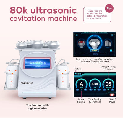Bornbyme Ultrasonic Cavitation Machine 6-in-1 Cavitation Machine with 80K Ultrasonic, RF, Vacuum & Laser for Body Contouring and Fat Loss