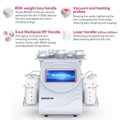 Bornbyme Ultrasonic Cavitation Machine 6-in-1 Cavitation Machine with 80K Ultrasonic, RF, Vacuum & Laser for Body Contouring and Fat Loss