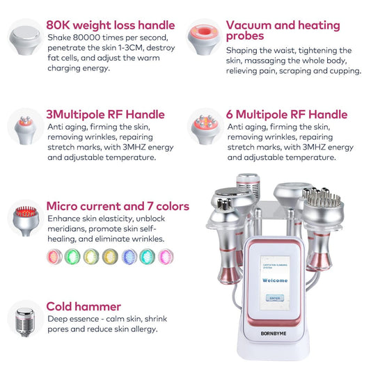 Bornbyme Ultrasonic Cavitation Machine 80K 6 IN 1 Ultrasonic Cavitation Radio Frequency Skin Tightening Machine