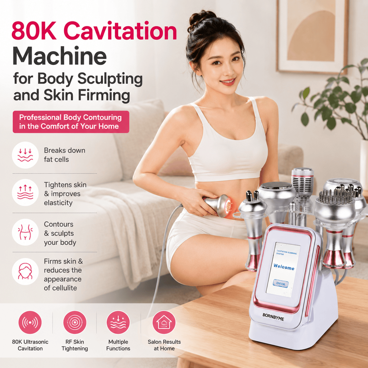 Bornbyme Ultrasonic Cavitation Machine 80K 6 IN 1 Ultrasonic Cavitation Radio Frequency Skin Tightening Machine