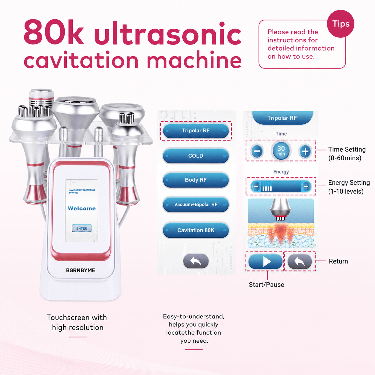 Bornbyme Ultrasonic Cavitation Machine 80K 6 IN 1 Ultrasonic Cavitation Radio Frequency Skin Tightening Machine