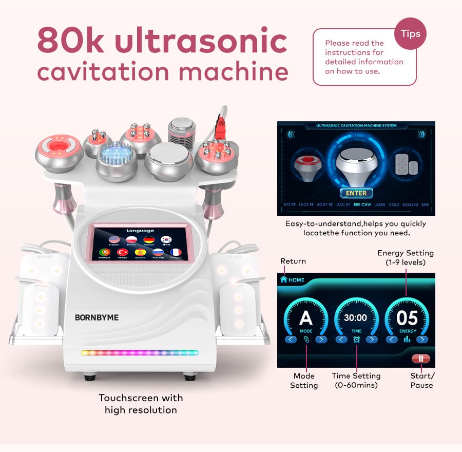 Bornbyme Ultrasonic Cavitation Machine 9 In 1 80K Body Sculpting Cavitation Machine with Laser for Fat Reduction
