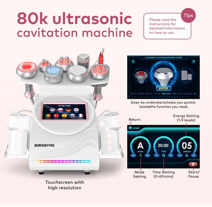 Bornbyme Ultrasonic Cavitation Machine 9 In 1 80K Body Sculpting Cavitation Machine with Laser for Fat Reduction