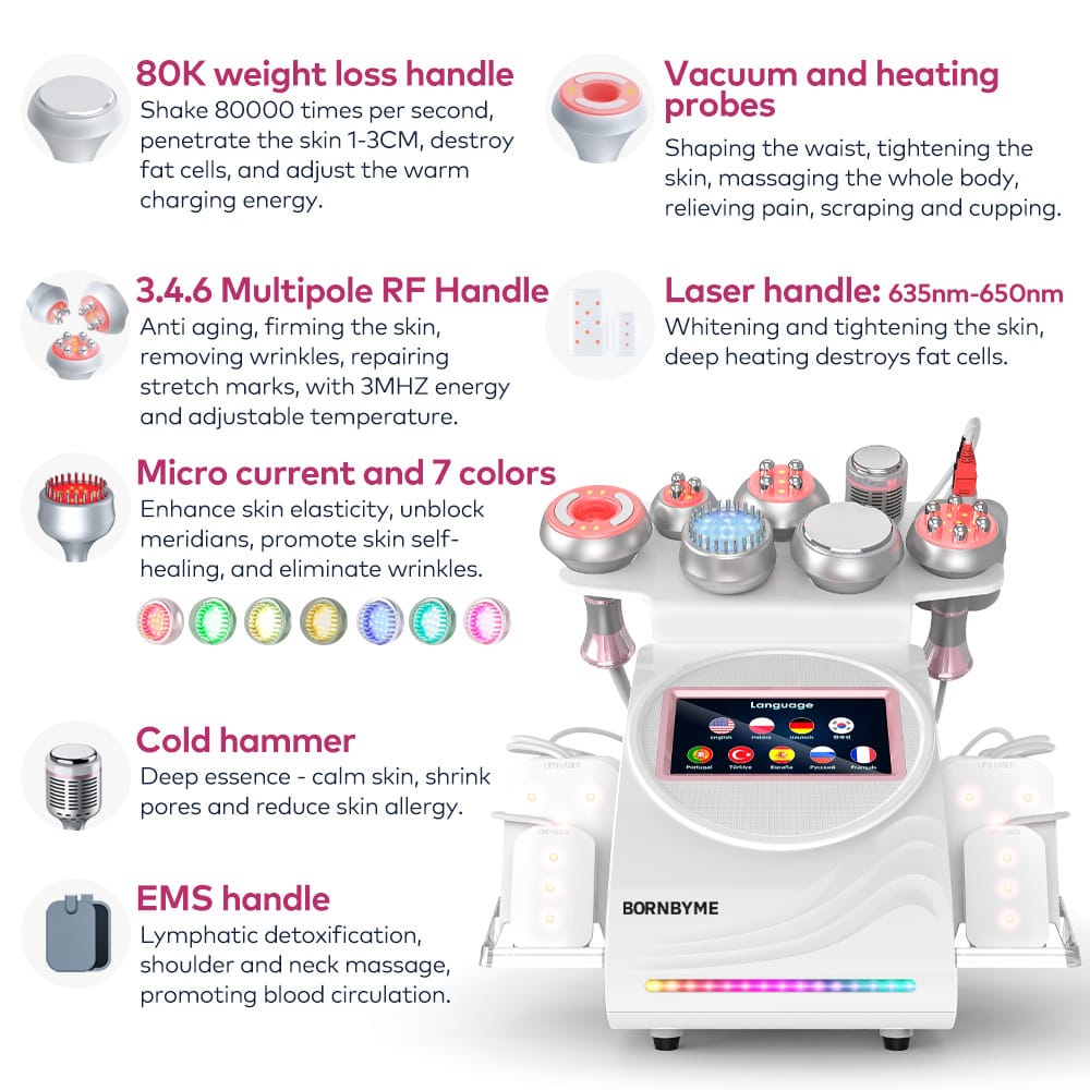 Bornbyme Ultrasonic Cavitation Machine 9 In 1 80K Body Sculpting Cavitation Machine with Laser for Fat Reduction