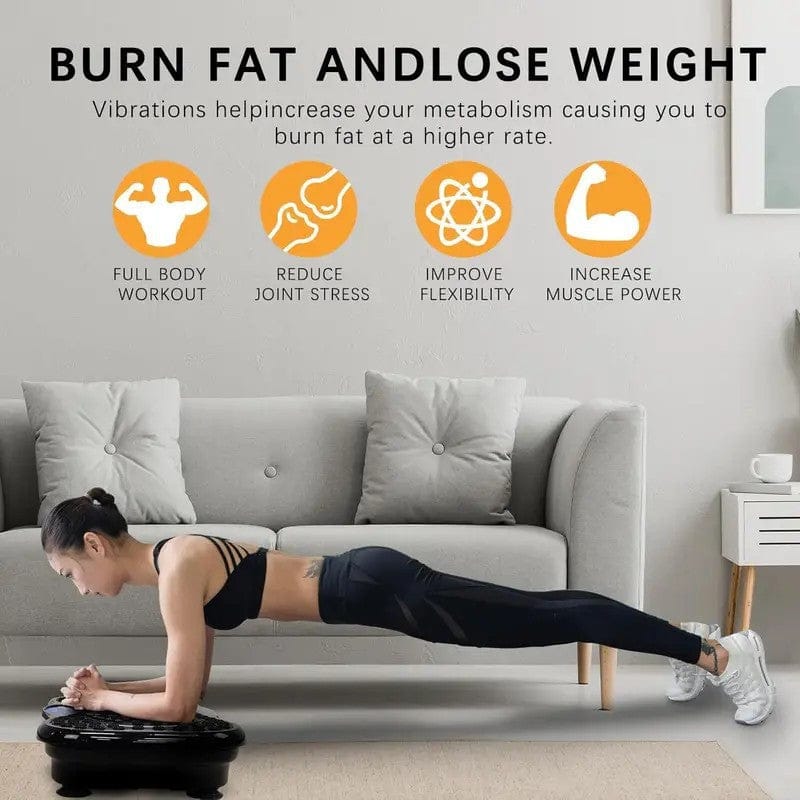 woman using vibration plate machine at home